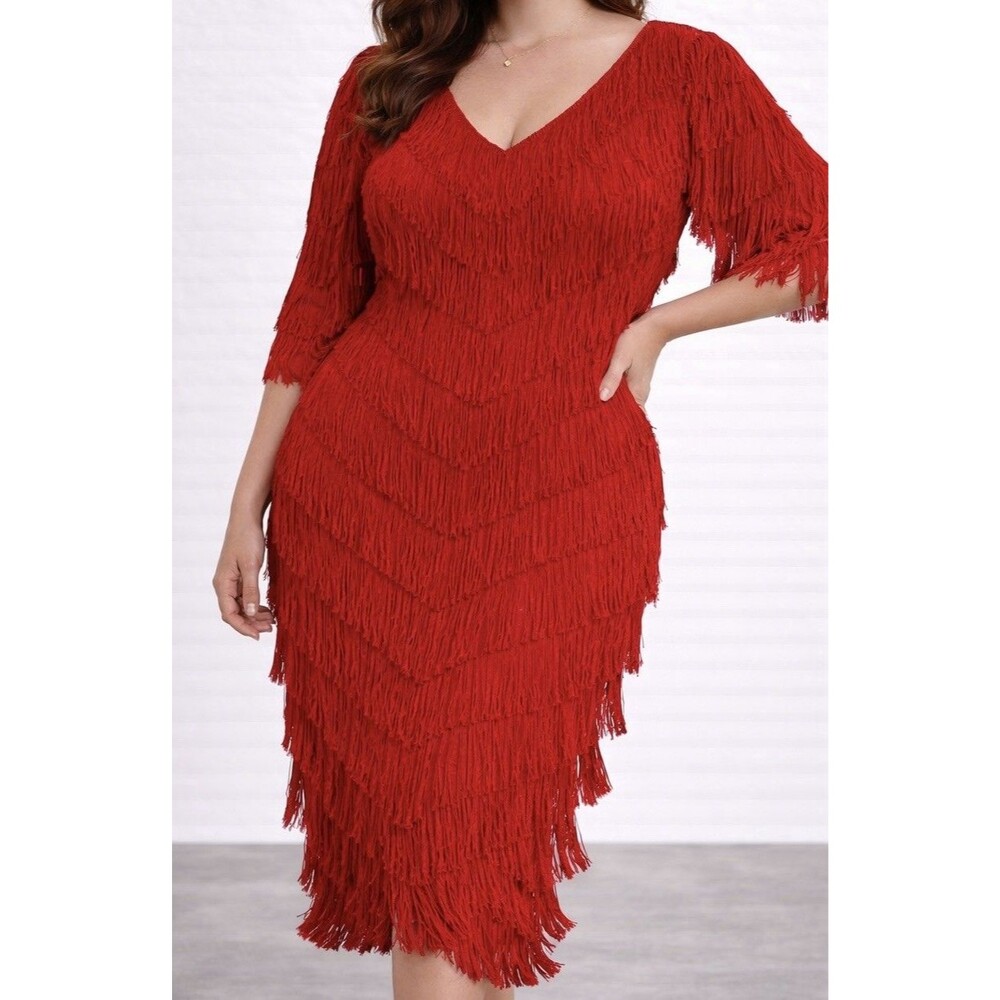 80’s Vintage Nightworks Fringe Flapper Great Gatsby Style Fire Red Dress NWT 22W
